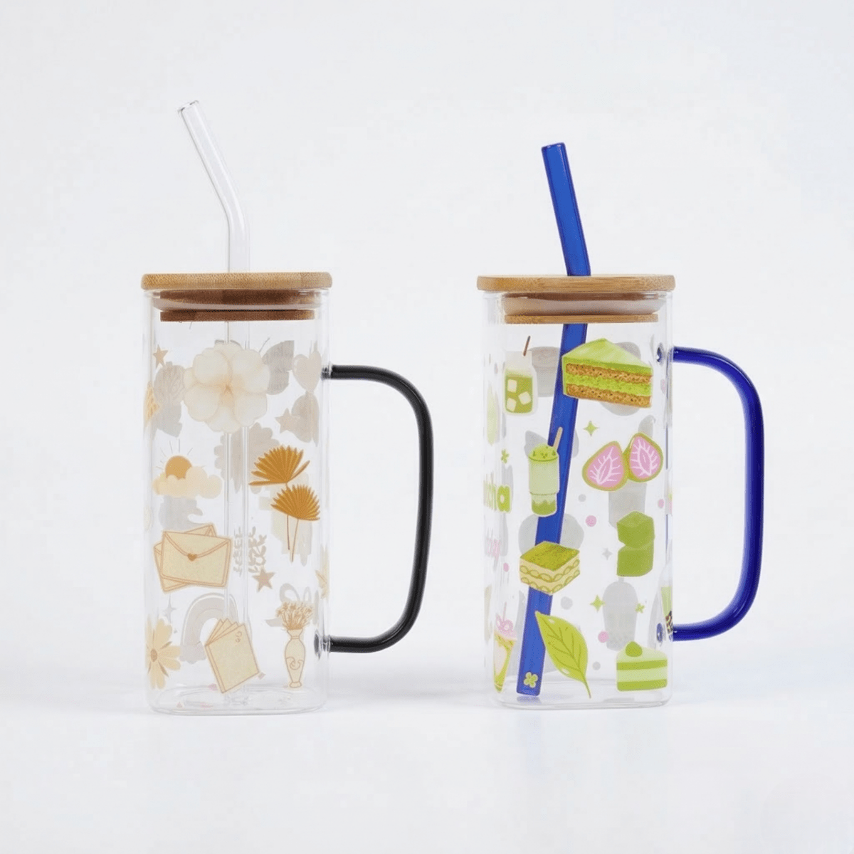 Set -2 Cute Printed Glass Mug with Bamboo Lid & Straw - Memories InsiteSET OF 2 CUTE PRINTED GLASS MUG